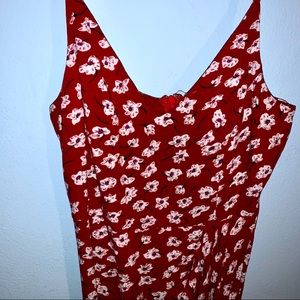 Red floral wrap midi dress